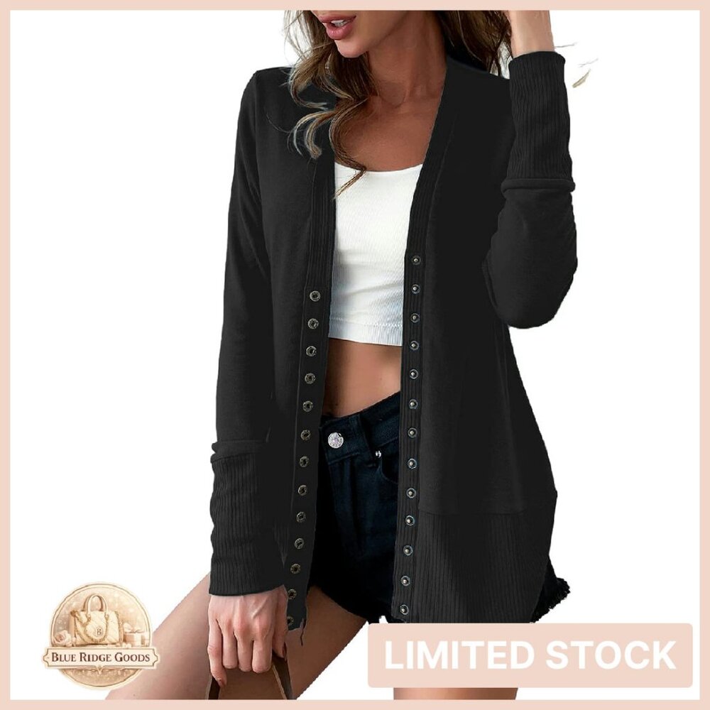 Long Sleeve V Neck Knit Cardigan Snaps Button Down Chic Elegant Casual